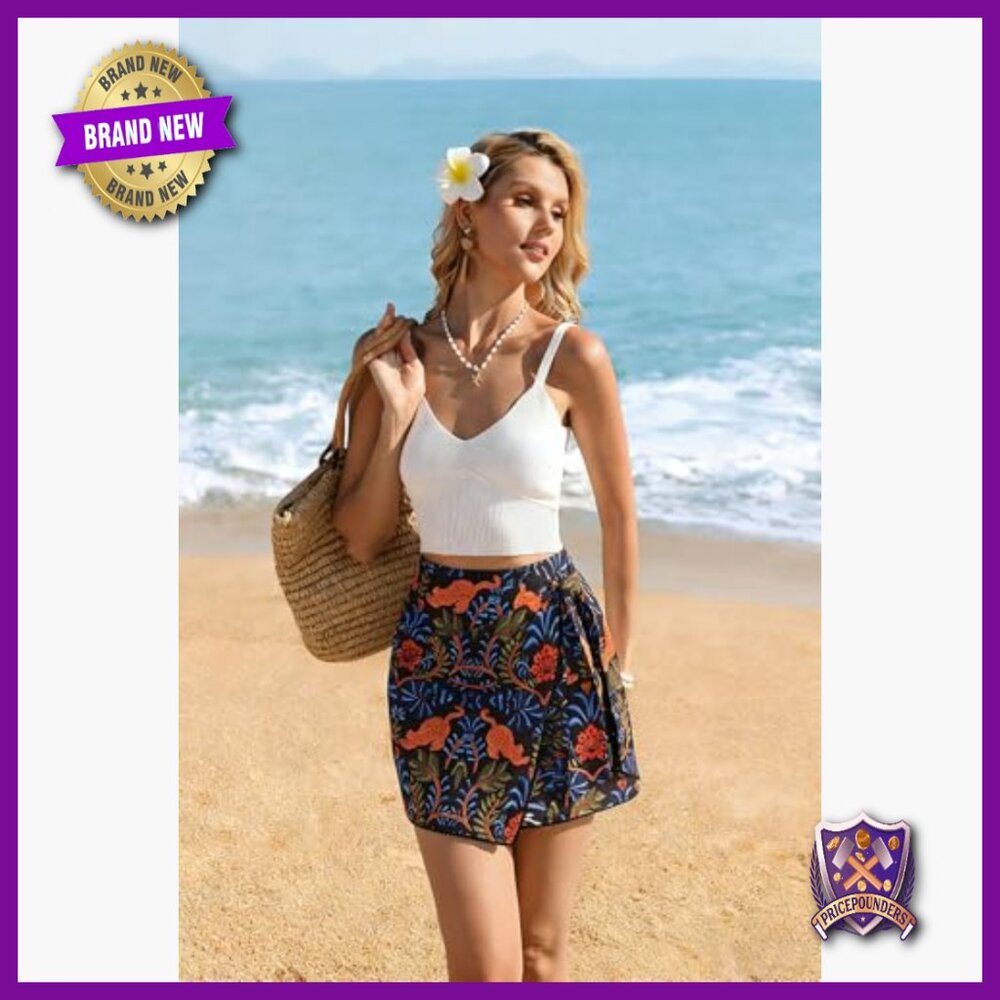 Floral Wrap Mini Skirt High Waisted Elastic Summer Beach Boho - Picture 2 of 7